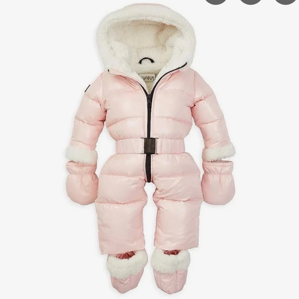 SAM. Kids Light Pink Puffer Jacket with Mittens NEW with tags , size 6-12 MOS.